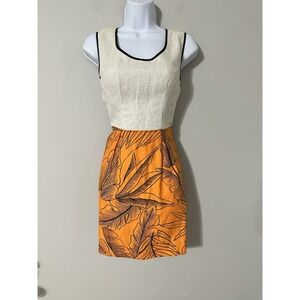 DELFINA BALDA Size S Tropical Leaf Dress Orange Waffle Knit Top Linen Resort USA